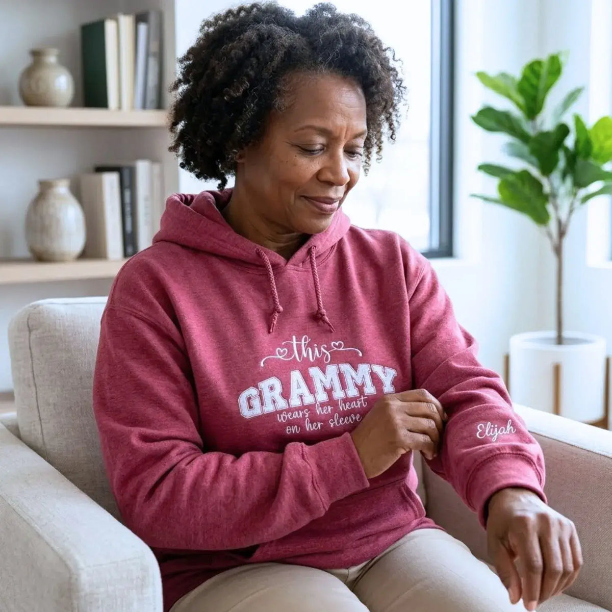 personalized grandma sweatshirt embroidered with grandkids names on sleeve