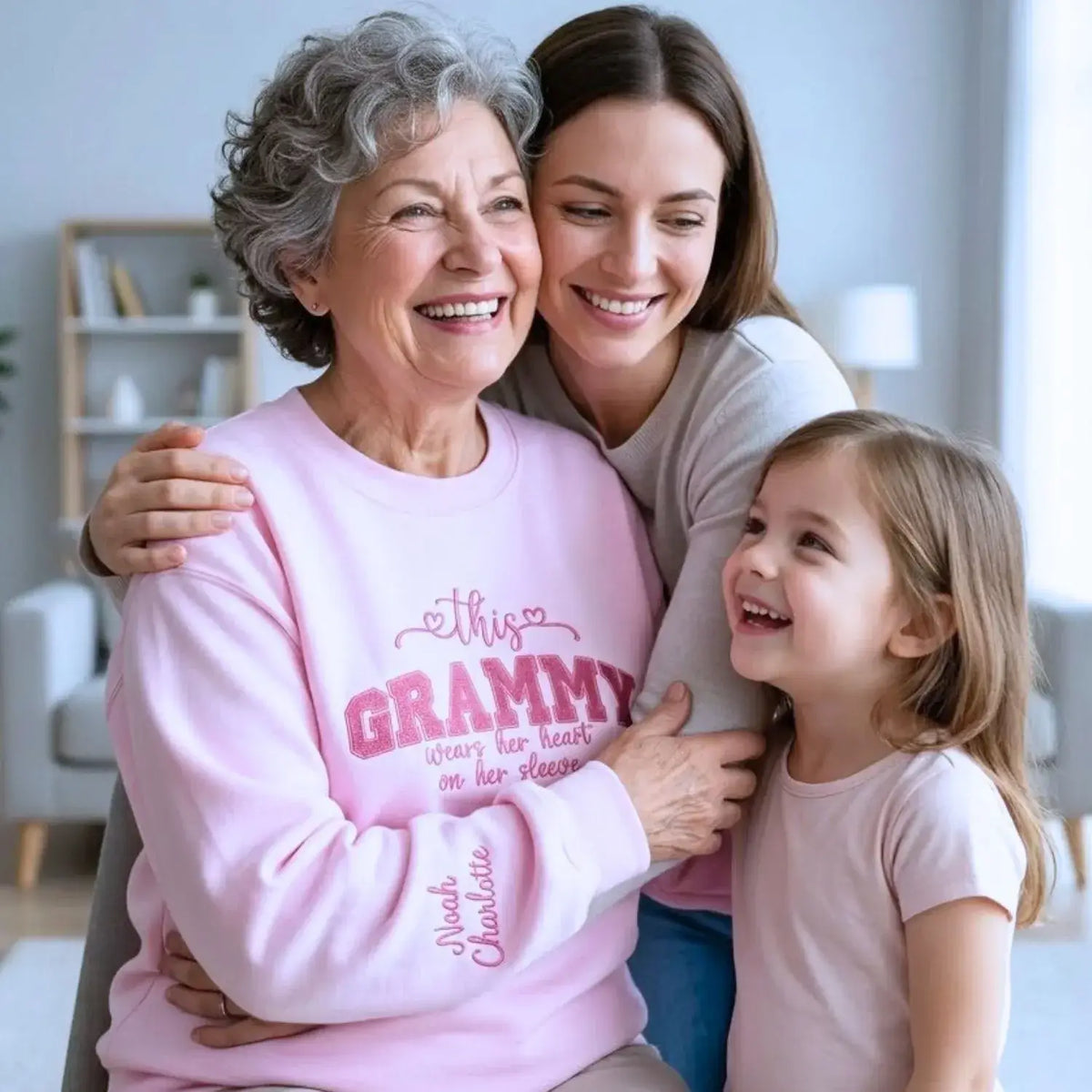 personalized grandma sweatshirt embroidered with grandkids names on sleeve