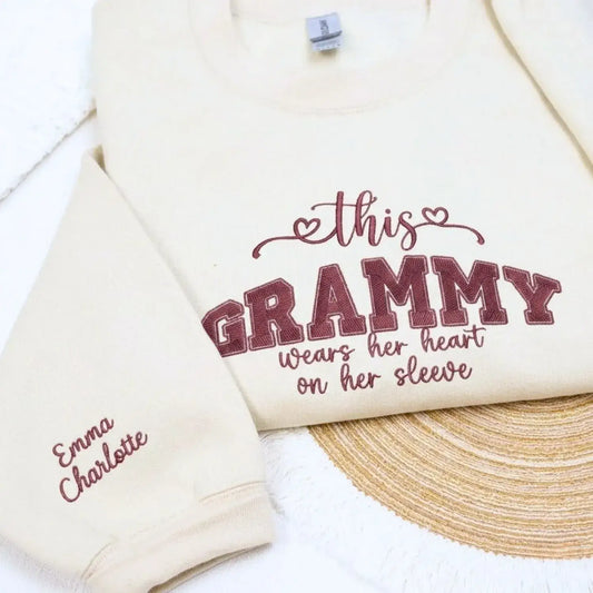 personalized grandma sweatshirt embroidered with grandkids names on sleeve