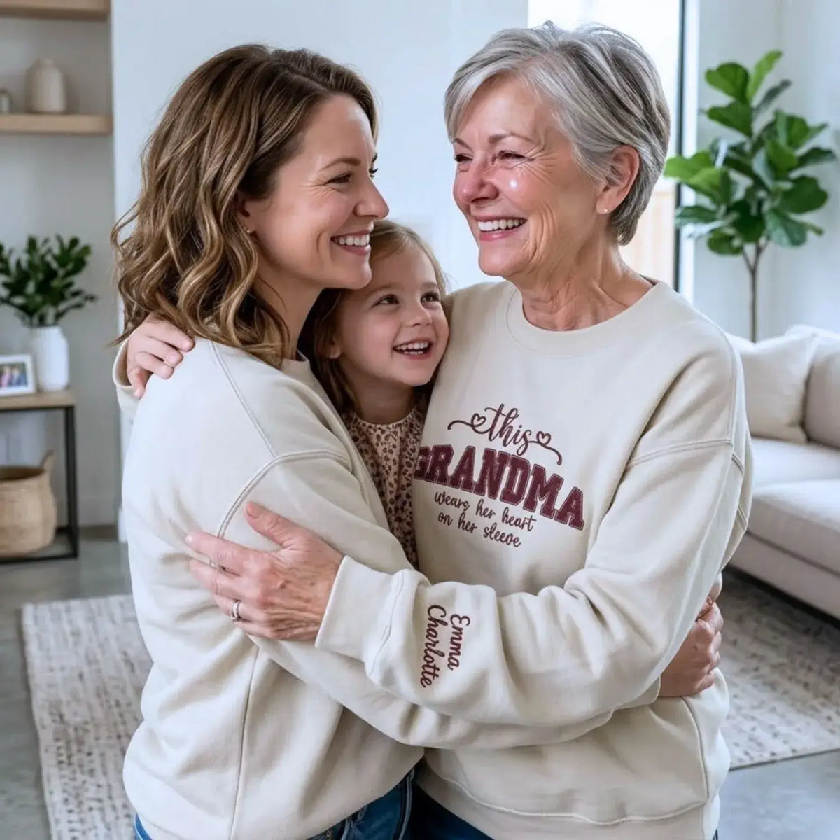Personalized sweatshirt for grandma with embroidered “This Grandma Wears Her Heart on Her Sleeve” design