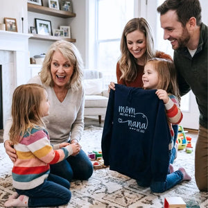 personalized nana sweatshirt with embroidered kids names on sleeve for first time grandma gift