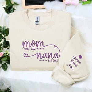 personalized nana sweatshirt with embroidered kids names on sleeve for first time grandma gift