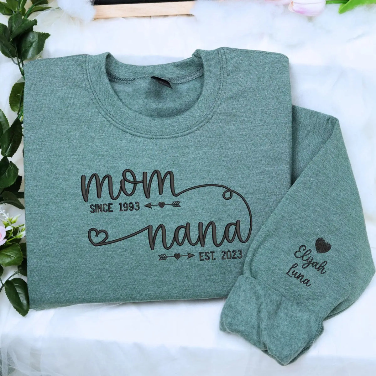 personalized nana sweatshirt with embroidered kids names on sleeve for first time grandma gift