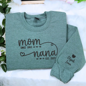 personalized nana sweatshirt with embroidered kids names on sleeve for first time grandma gift