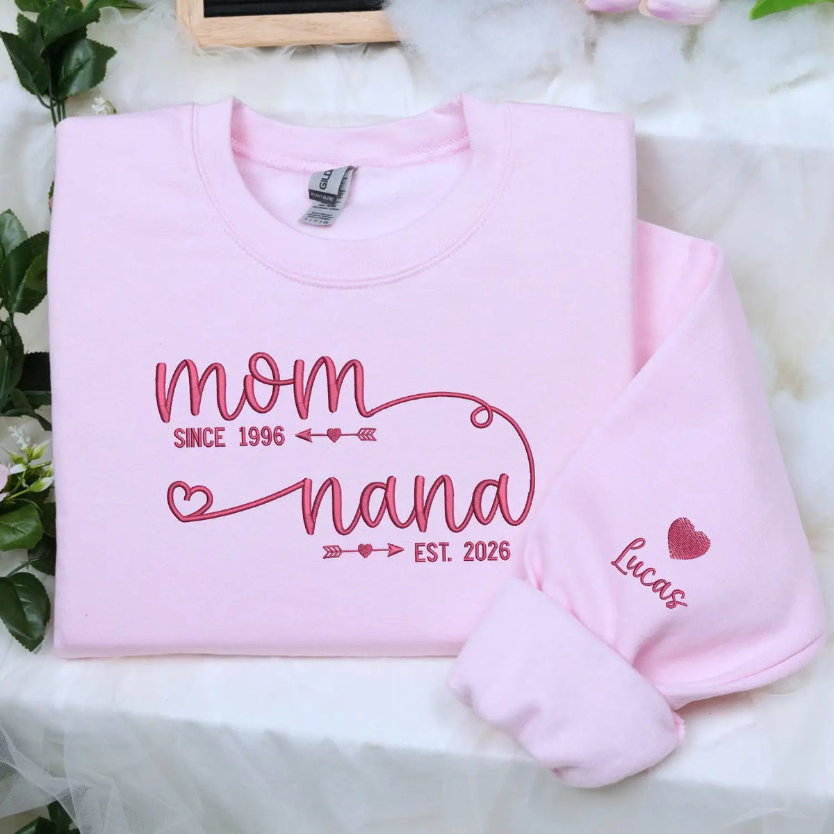 personalized nana sweatshirt with embroidered kids names on sleeve for first time grandma gift