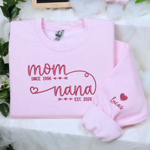 personalized nana sweatshirt with embroidered kids names on sleeve for first time grandma gift