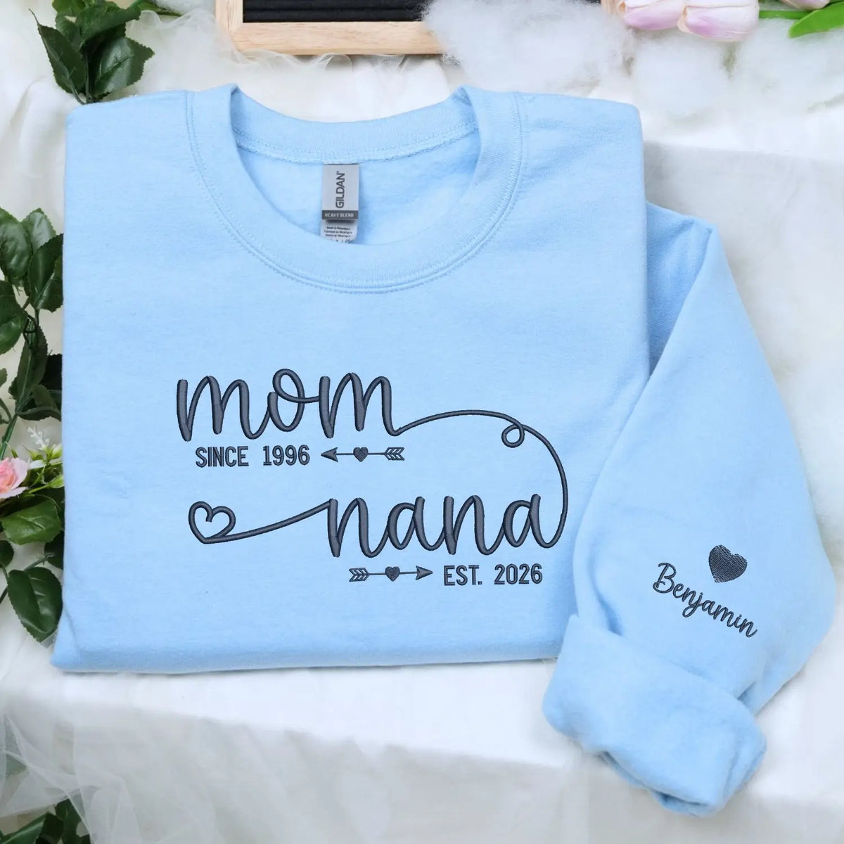 personalized nana sweatshirt with embroidered kids names on sleeve for first time grandma gift