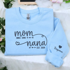 personalized nana sweatshirt with embroidered kids names on sleeve for first time grandma gift
