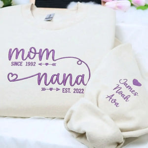 personalized nana sweatshirt with embroidered kids names on sleeve for first time grandma gift
