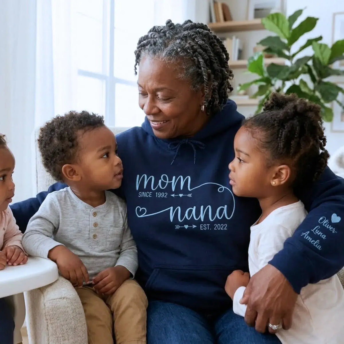personalized nana sweatshirt with embroidered kids names on sleeve for first time grandma gift