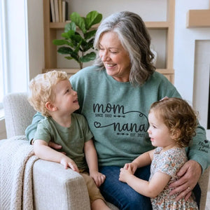 personalized nana sweatshirt with embroidered kids names on sleeve for first time grandma gift