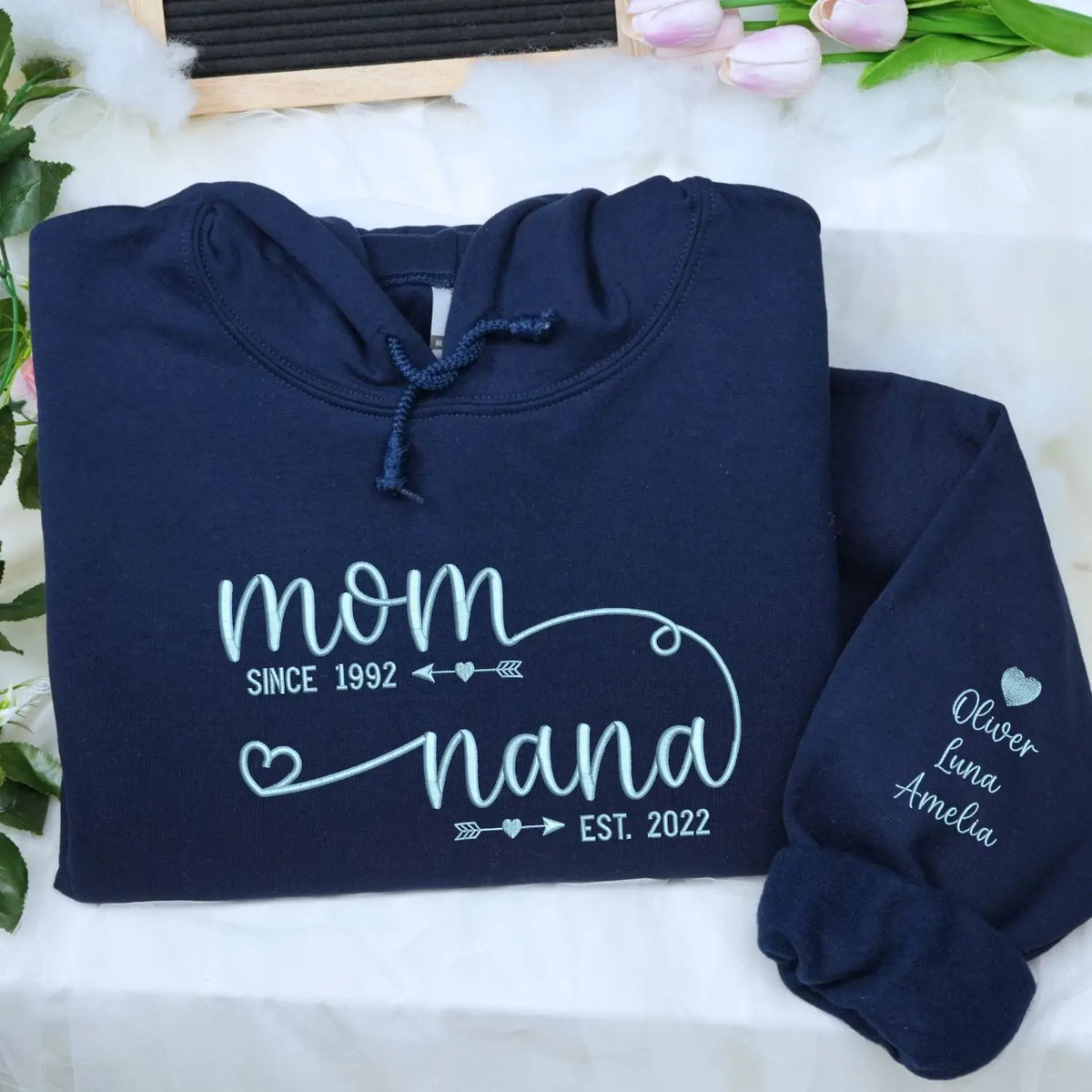 personalized nana sweatshirt with embroidered kids names on sleeve for first time grandma gift