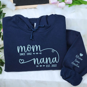 personalized nana sweatshirt with embroidered kids names on sleeve for first time grandma gift
