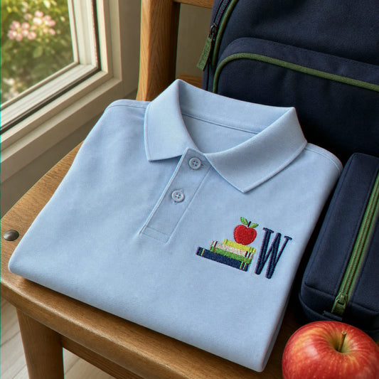 Personalized Back to School Polo for 1st Grade Kids - Embroidered Monogram with Apple Book Icon Collared Tee