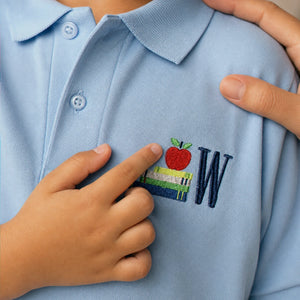 Personalized Back to School Polo for 1st Grade Kids - Embroidered Monogram with Apple Book Icon Collared Tee