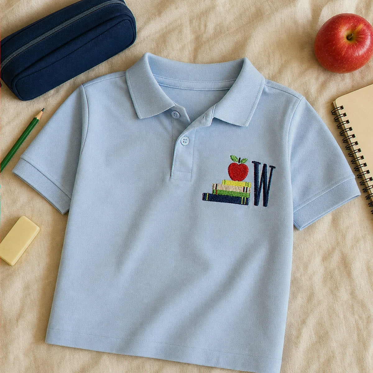 Personalized Back to School Polo for 1st Grade Kids - Embroidered Monogram with Apple Book Icon Collared Tee