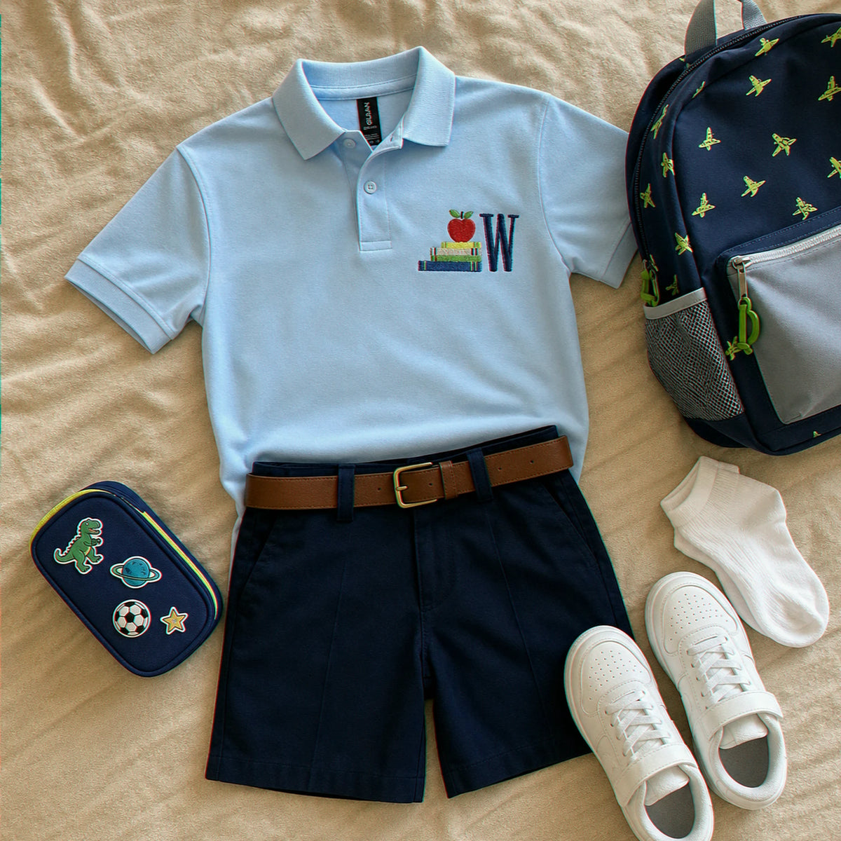 Personalized Back to School Polo for 1st Grade Kids - Embroidered Monogram with Apple Book Icon Collared Tee