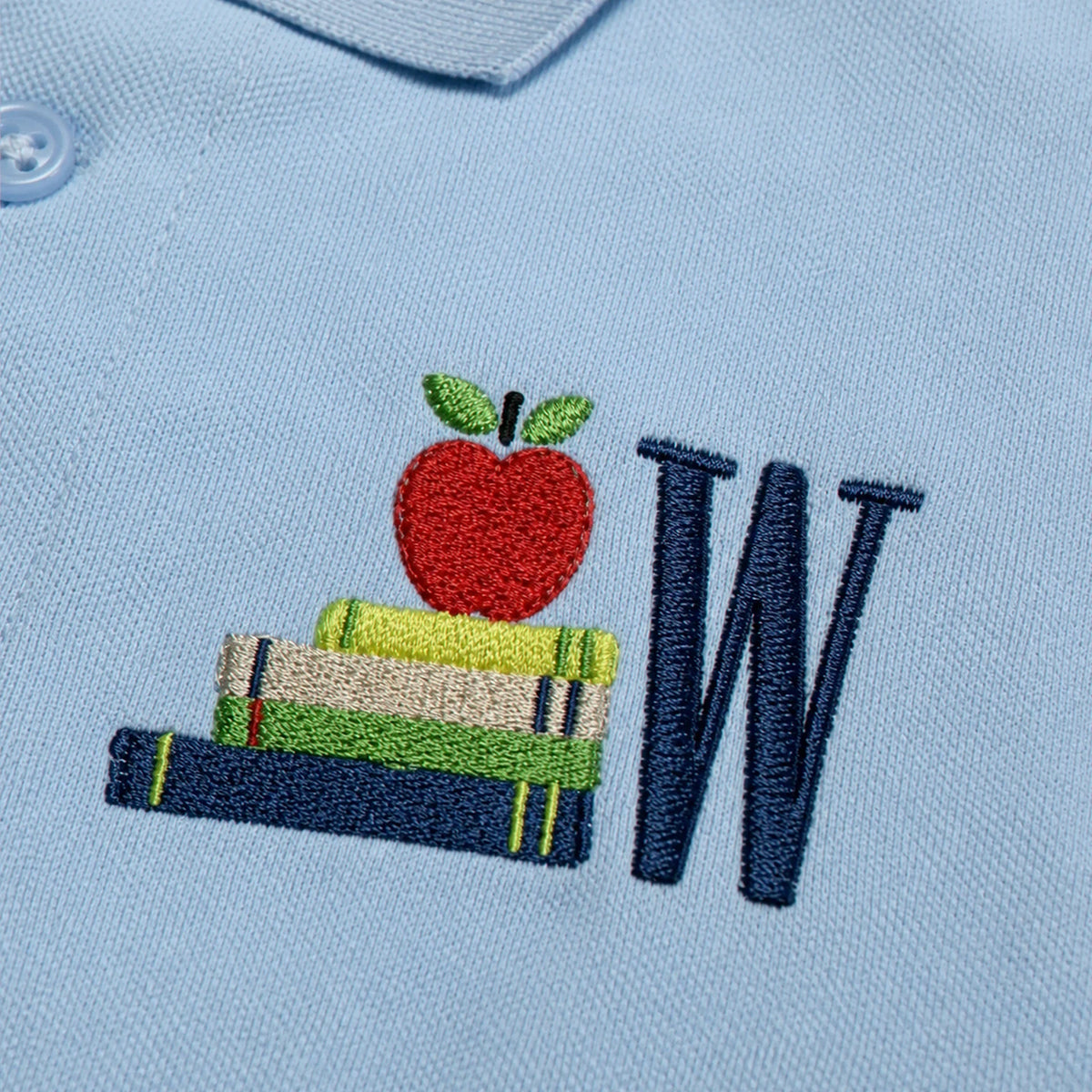 Personalized Back to School Polo for 1st Grade Kids - Embroidered Monogram with Apple Book Icon Collared Tee