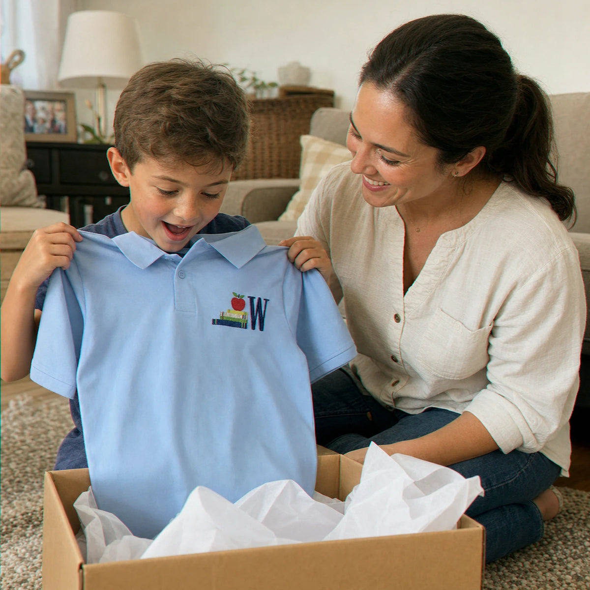 Personalized Back to School Polo for 1st Grade Kids - Embroidered Monogram with Apple Book Icon Collared Tee