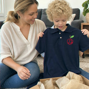 Personalized Back To School Polo for 5th Grade Kids - Embroidered Name & Apple Circle Monogram Collared Tee