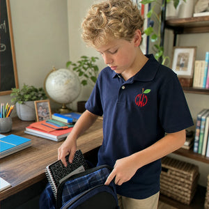 Personalized Back To School Polo for 5th Grade Kids - Embroidered Name & Apple Circle Monogram Collared Tee