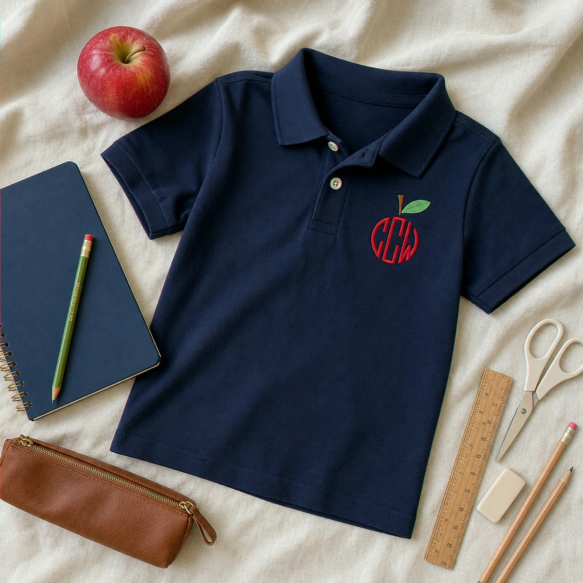 Personalized Back To School Polo for 5th Grade Kids - Embroidered Name & Apple Circle Monogram Collared Tee