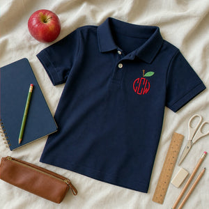 Personalized Back To School Polo for 5th Grade Kids - Embroidered Name & Apple Circle Monogram Collared Tee