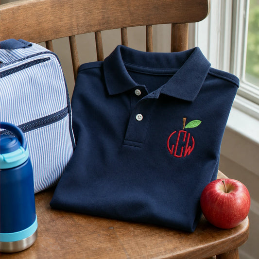 Personalized Back To School Polo for 5th Grade Kids - Embroidered Name & Apple Circle Monogram Collared Tee