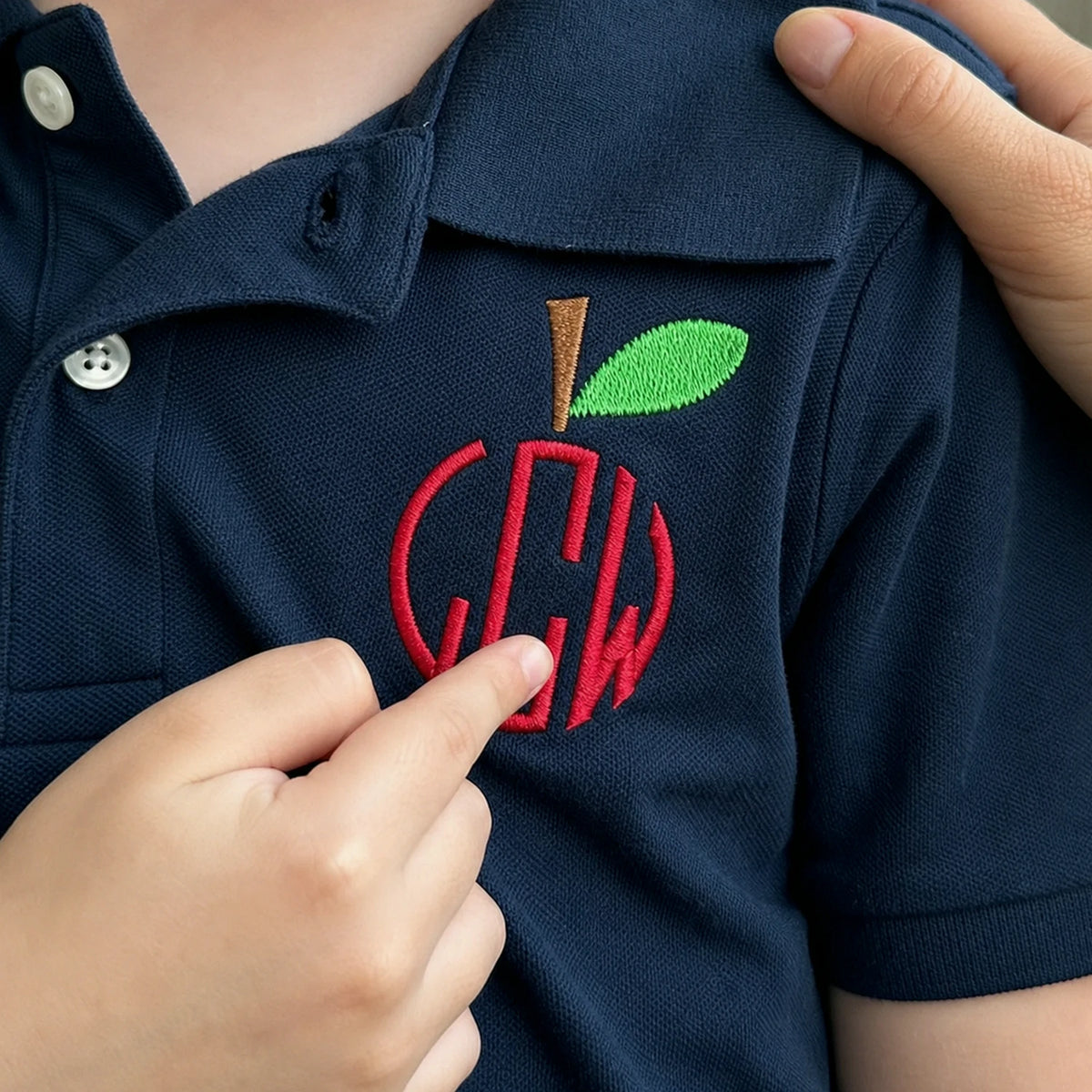 Personalized Back To School Polo for 5th Grade Kids - Embroidered Name & Apple Circle Monogram Collared Tee