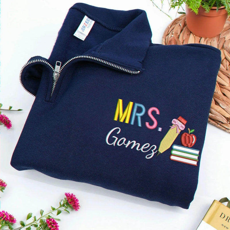 Personalized New Teacher Quarter Zip for Wife - Embroidered Name with Pencil Bow & Book Stack - First Time Teacher Gift for Her