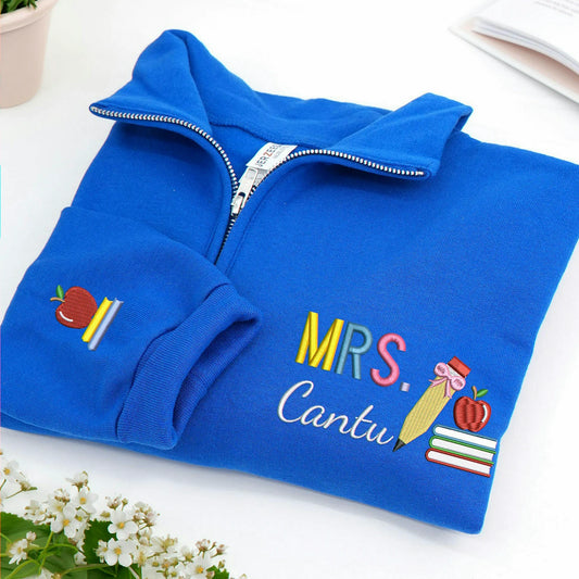 Personalized New Teacher Quarter Zip for Wife - Embroidered Name with Pencil Bow & Book Stack - First Time Teacher Gift for Her