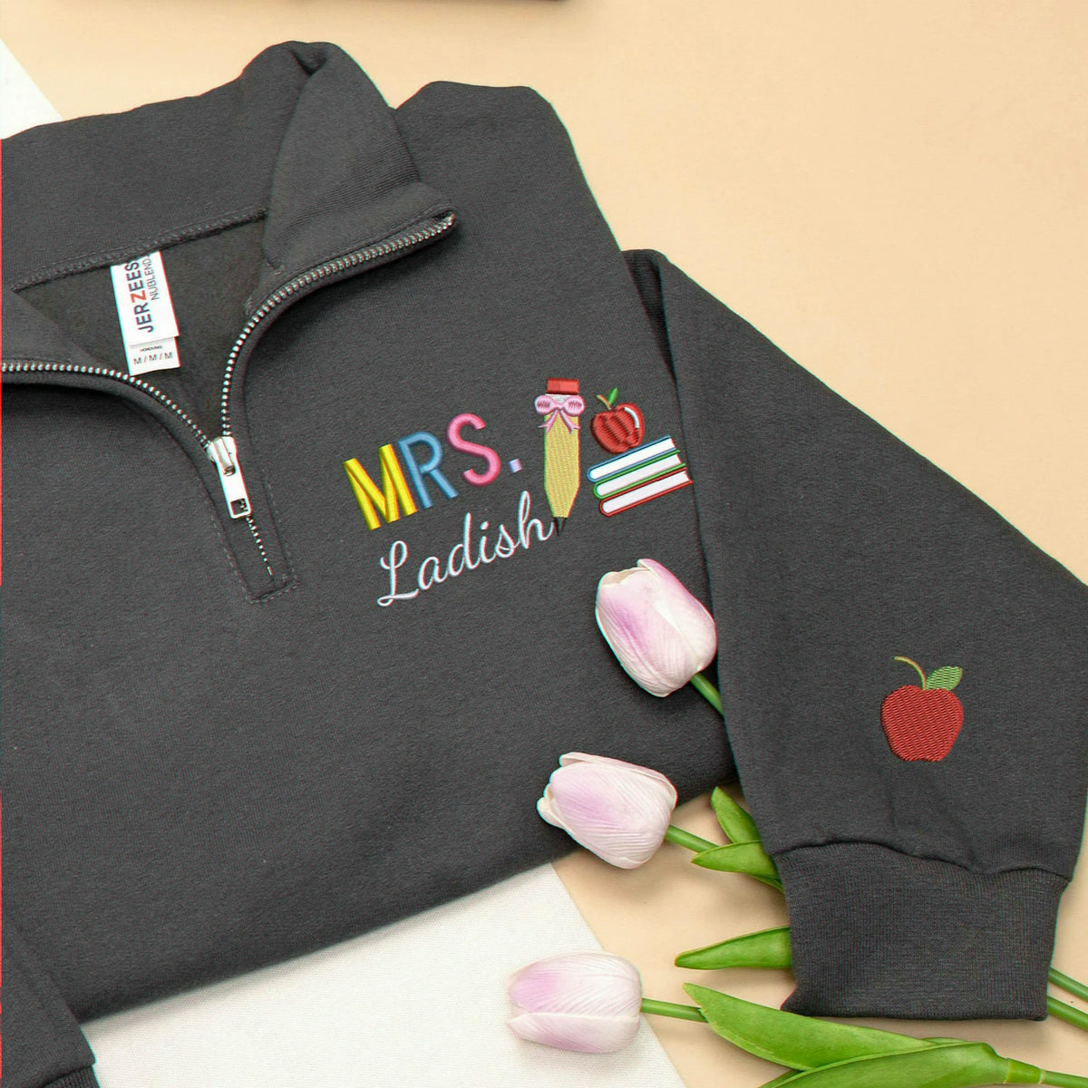Personalized New Teacher Quarter Zip for Wife - Embroidered Name with Pencil Bow & Book Stack - First Time Teacher Gift for Her