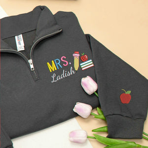 Personalized New Teacher Quarter Zip for Wife - Embroidered Name with Pencil Bow & Book Stack - First Time Teacher Gift for Her
