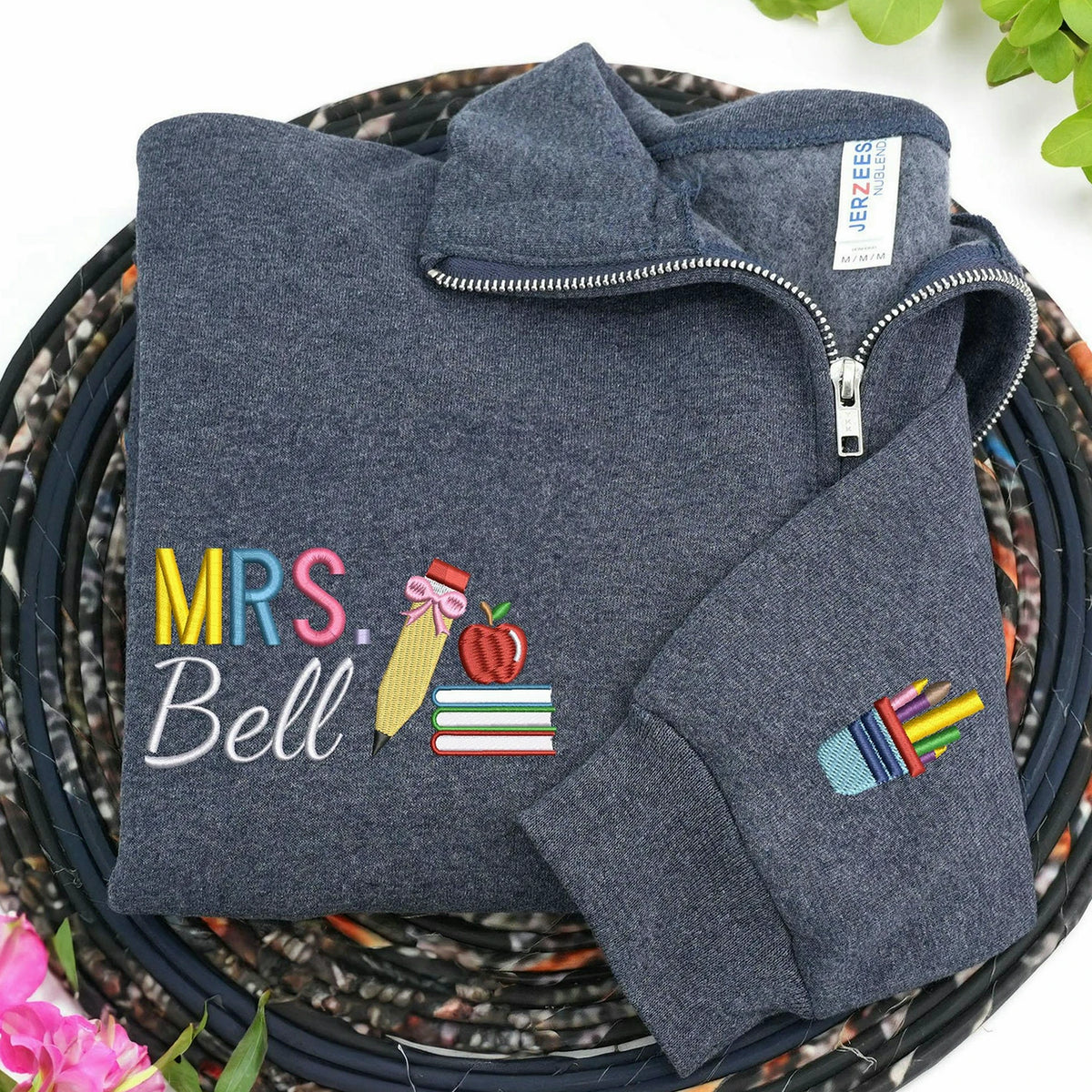Personalized New Teacher Quarter Zip for Wife - Embroidered Name with Pencil Bow & Book Stack - First Time Teacher Gift for Her