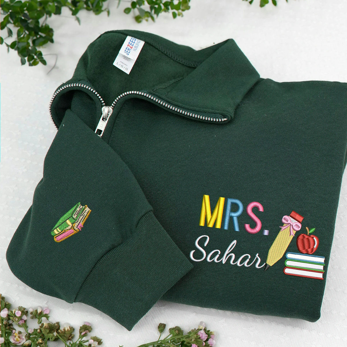 Personalized New Teacher Quarter Zip for Wife - Embroidered Name with Pencil Bow & Book Stack - First Time Teacher Gift for Her
