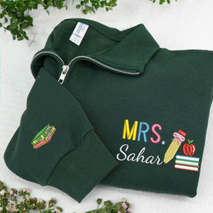 Personalized New Teacher Quarter Zip for Wife - Embroidered Name with Pencil Bow & Book Stack - First Time Teacher Gift for Her