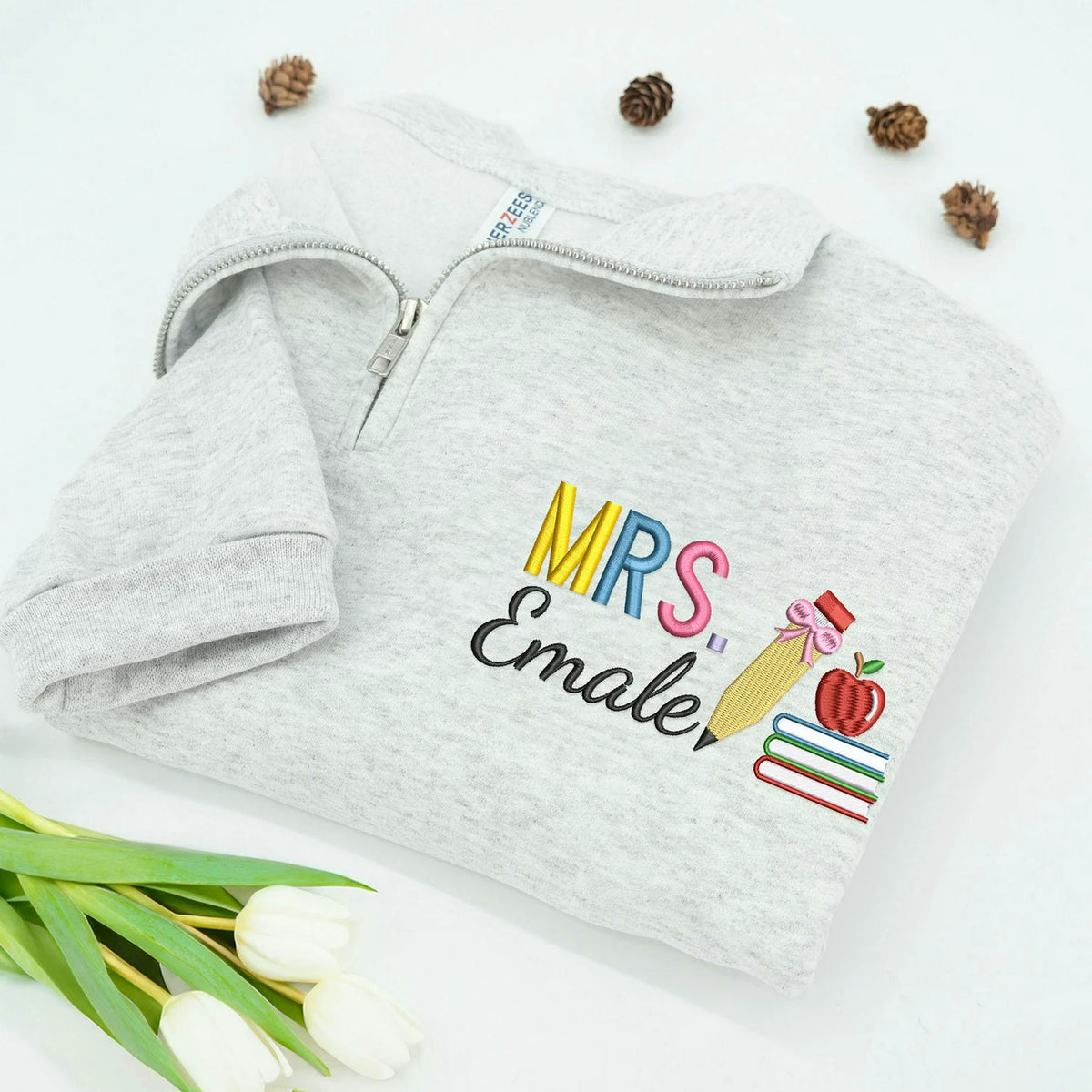 Personalized New Teacher Quarter Zip for Wife - Embroidered Name with Pencil Bow & Book Stack - First Time Teacher Gift for Her