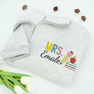 Personalized New Teacher Quarter Zip for Wife - Embroidered Name with Pencil Bow & Book Stack - First Time Teacher Gift for Her