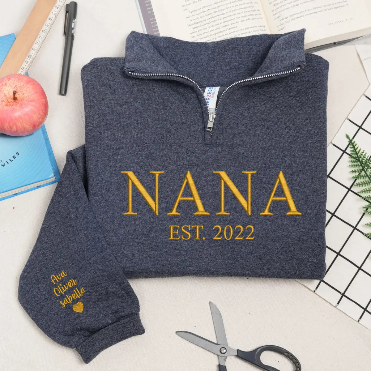 Personalized nana quarter zip sweatshirt embroidered with grandkids names cozy grandma gift