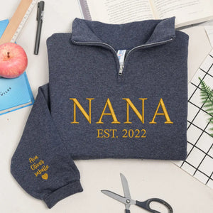 Personalized nana quarter zip sweatshirt embroidered with grandkids names cozy grandma gift