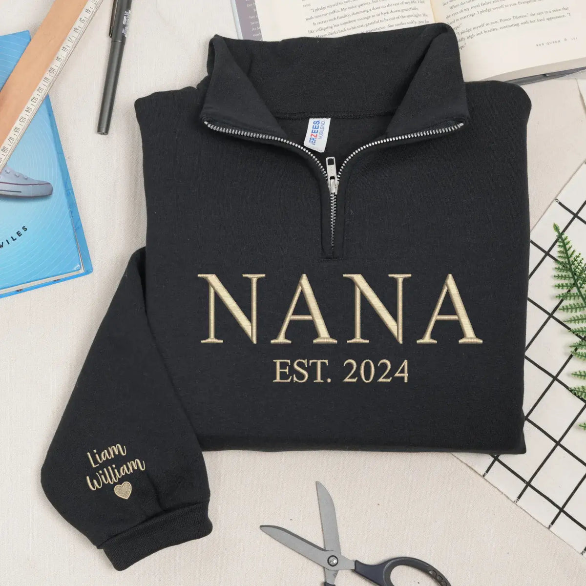 Personalized nana quarter zip sweatshirt embroidered with grandkids names cozy grandma gift