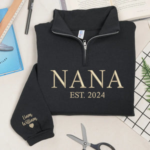 Personalized nana quarter zip sweatshirt embroidered with grandkids names cozy grandma gift