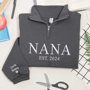 Personalized nana quarter zip sweatshirt embroidered with grandkids names cozy grandma gift