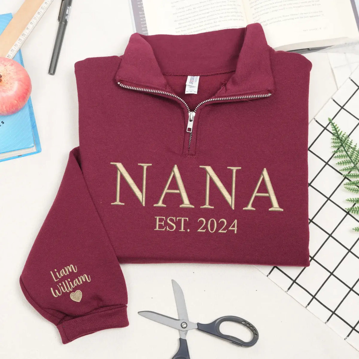 Personalized nana quarter zip sweatshirt embroidered with grandkids names cozy grandma gift