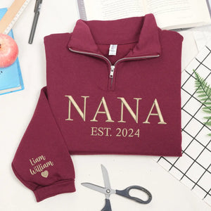 Personalized nana quarter zip sweatshirt embroidered with grandkids names cozy grandma gift