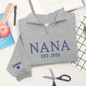 Personalized nana quarter zip sweatshirt embroidered with grandkids names cozy grandma gift