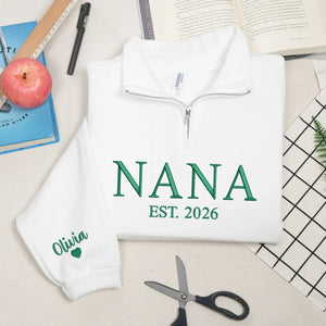 Personalized nana quarter zip sweatshirt embroidered with grandkids names cozy grandma gift