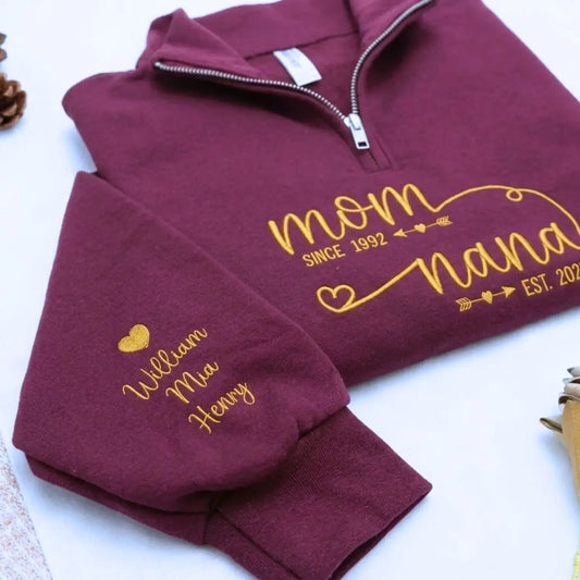 Custom embroidered Nana EST quarter zip sweatshirt with grandkids names personalized Mother's Day gift for grandma