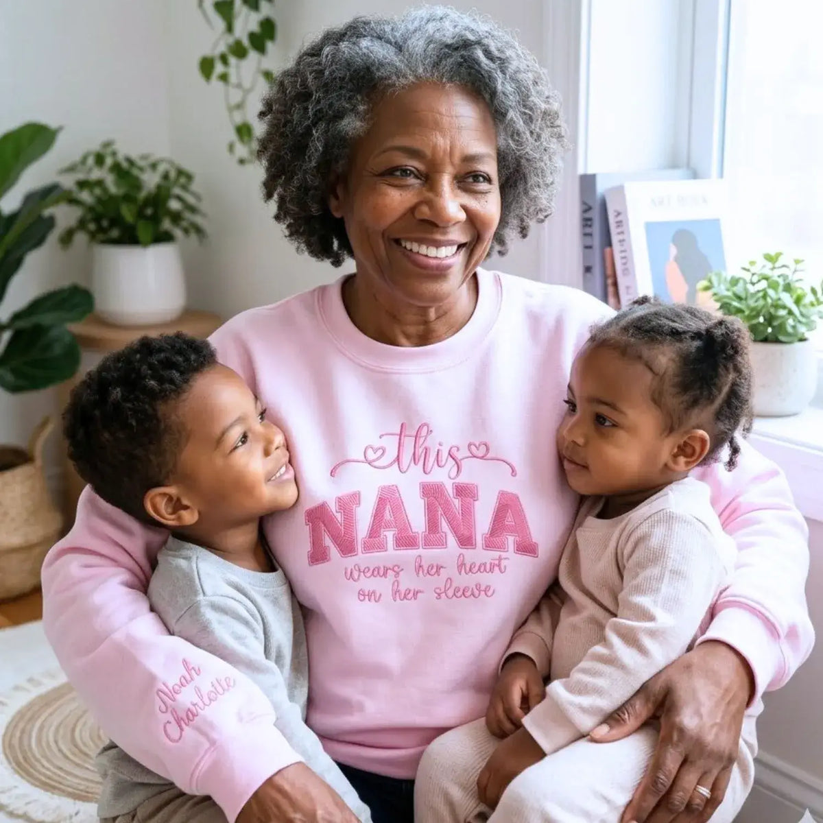 Personalized nana sweatshirt with embroidered grandkids names on sleeve custom grandma gift