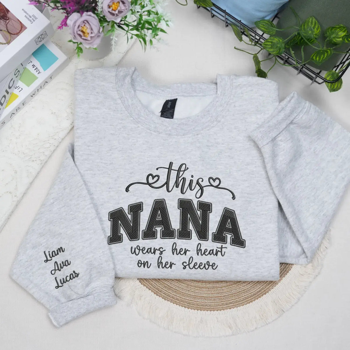Personalized nana sweatshirt with embroidered grandkids names on sleeve custom grandma gift
